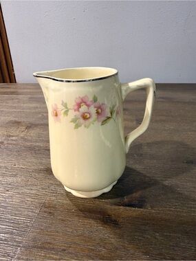 Vintage Cream Floral Ceramic Pitcher with Pink Flower Accent.  About 5” tall